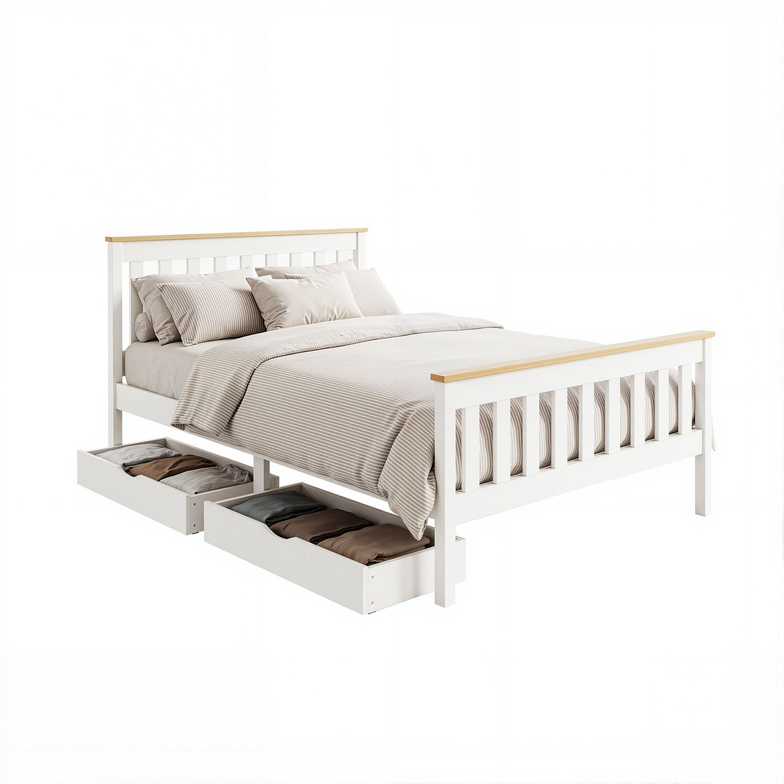 Double Bed Frame | Wooden Platform with 2 Storage Drawers | White PONY Design