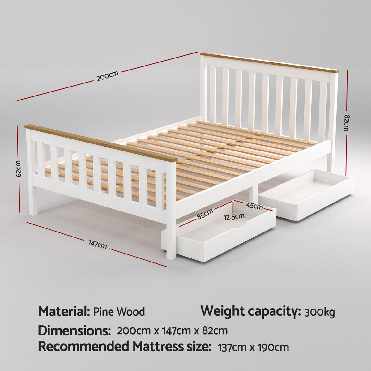 Double Bed Frame | Wooden Platform with 2 Storage Drawers | White PONY Design