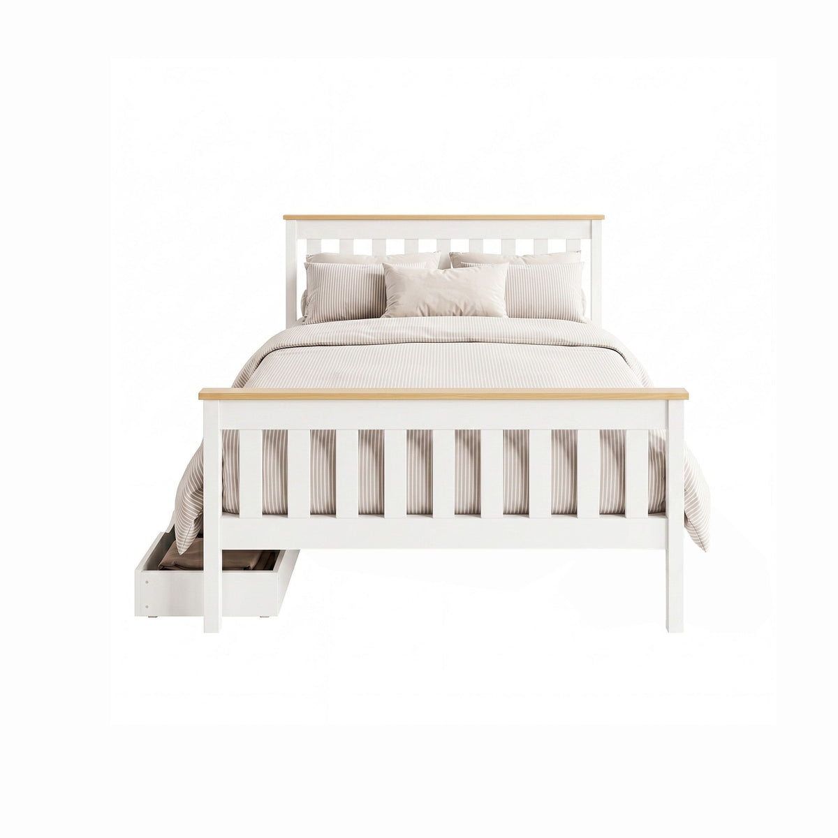 Double Bed Frame | Wooden Platform with 2 Storage Drawers | White PONY Design