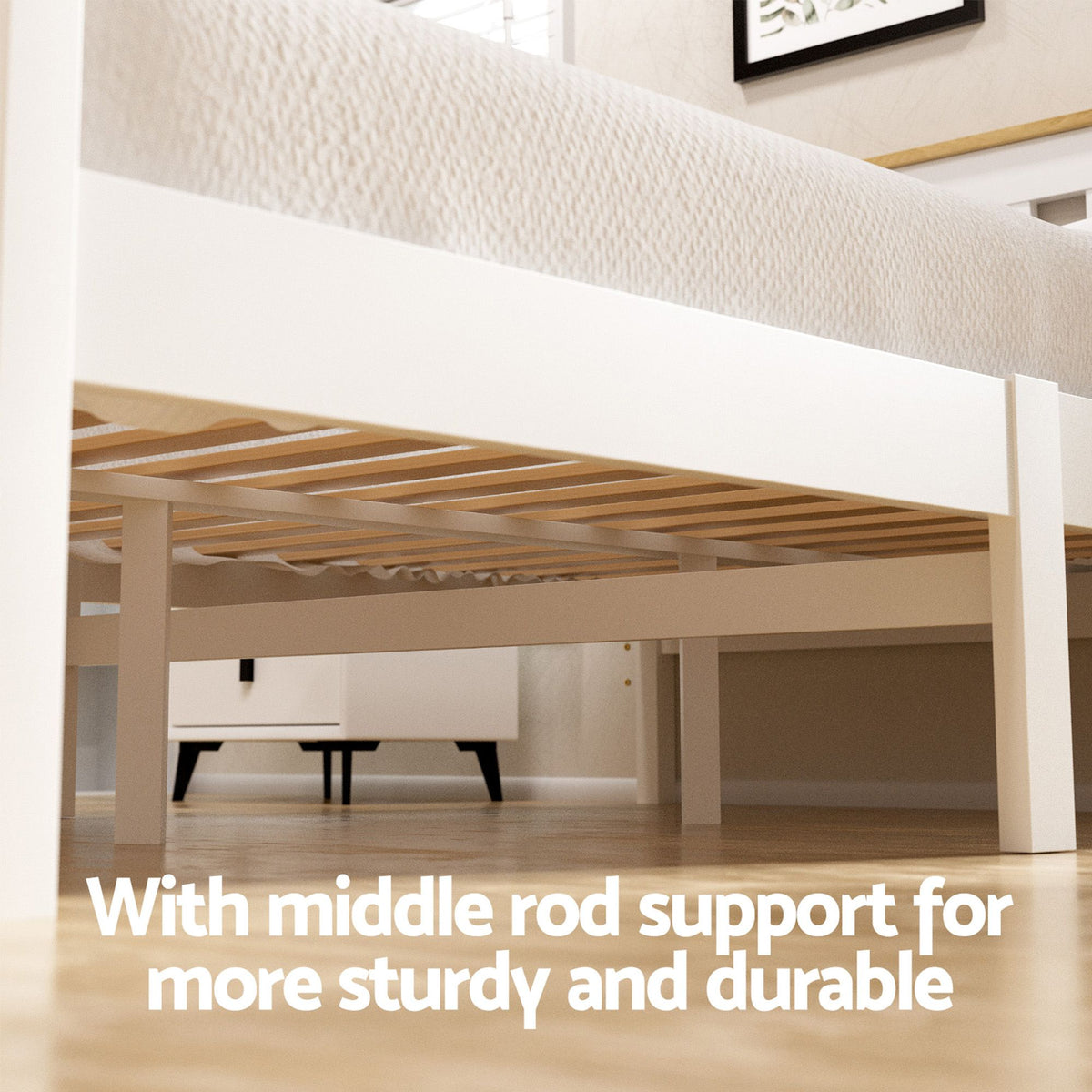 Double Bed Frame | Wooden Platform with 2 Storage Drawers | White PONY Design
