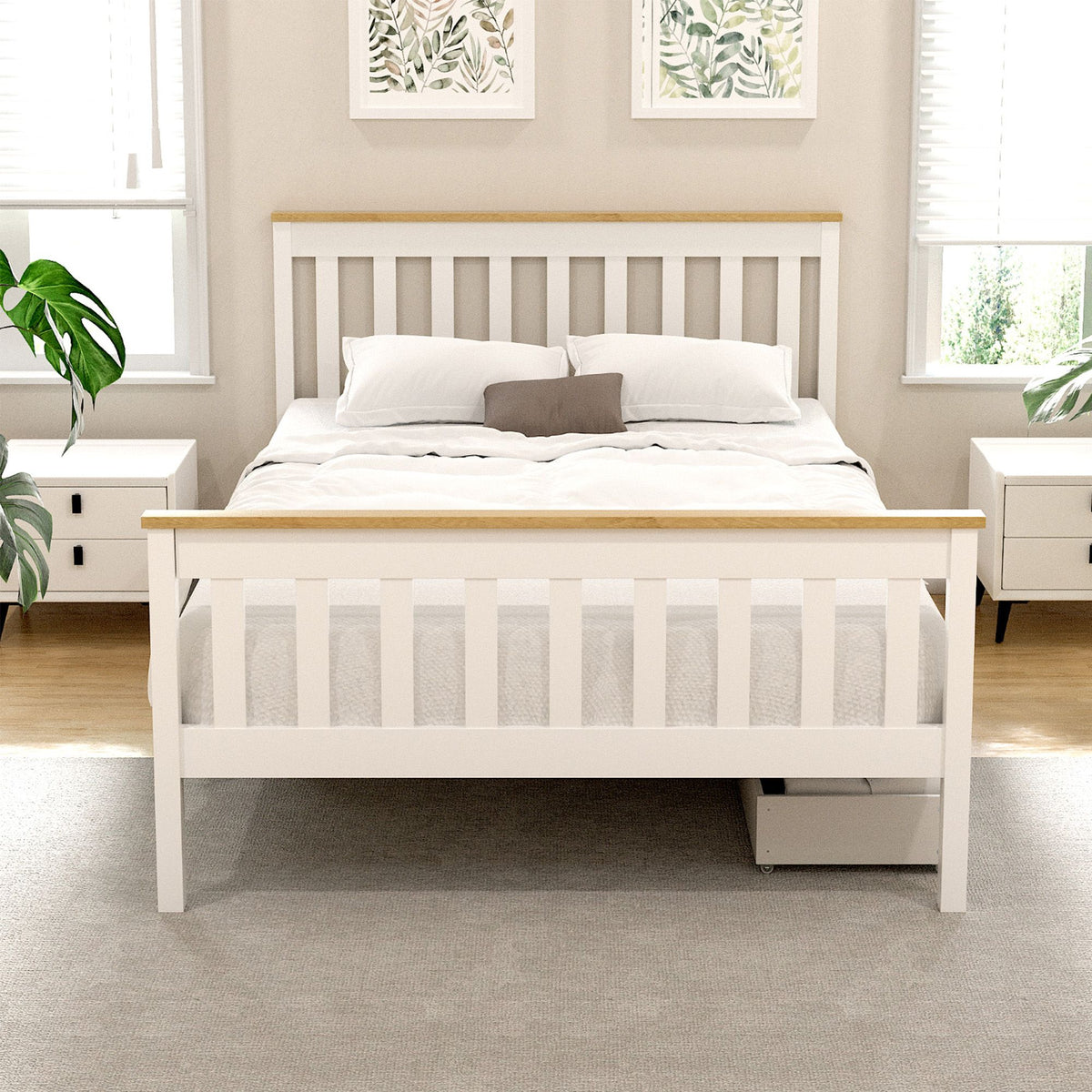 Double Bed Frame | Wooden Platform with 2 Storage Drawers | White PONY Design