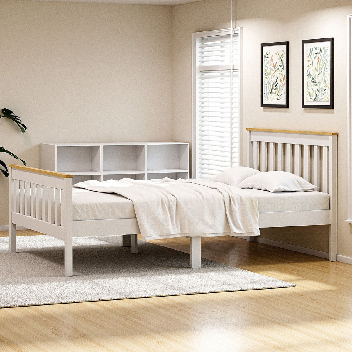 Double Bed Frame | Wooden Platform with 2 Storage Drawers | White PONY Design