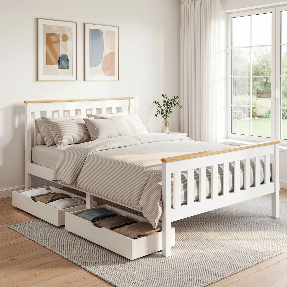 Double Bed Frame | Wooden Platform with 2 Storage Drawers | White PONY Design