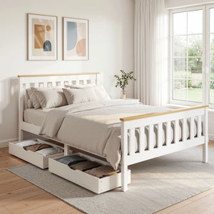 Double Bed Frame | Wooden Platform with 2 Storage Drawers | White PONY Design