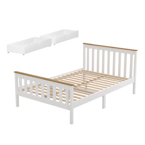 Double Bed Frame | Wooden Platform with 2 Storage Drawers | White PONY Design