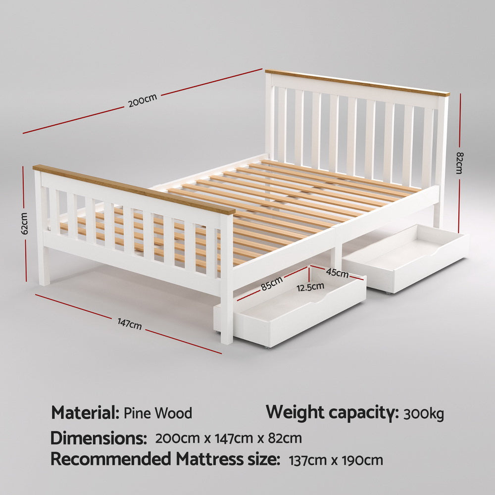 Double Bed Frame | Wooden Platform with 2 Storage Drawers | White PONY Design