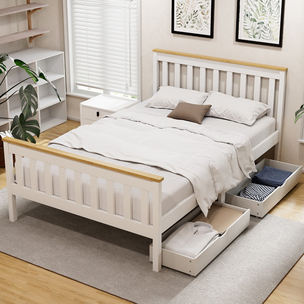 Double Bed Frame | Wooden Platform with 2 Storage Drawers | White PONY Design
