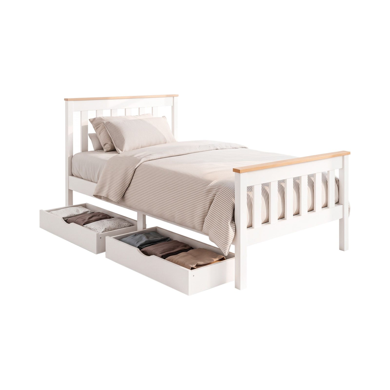 Single Bed Frame | Wooden Platform with 2 Storage Drawers | White PONY Design