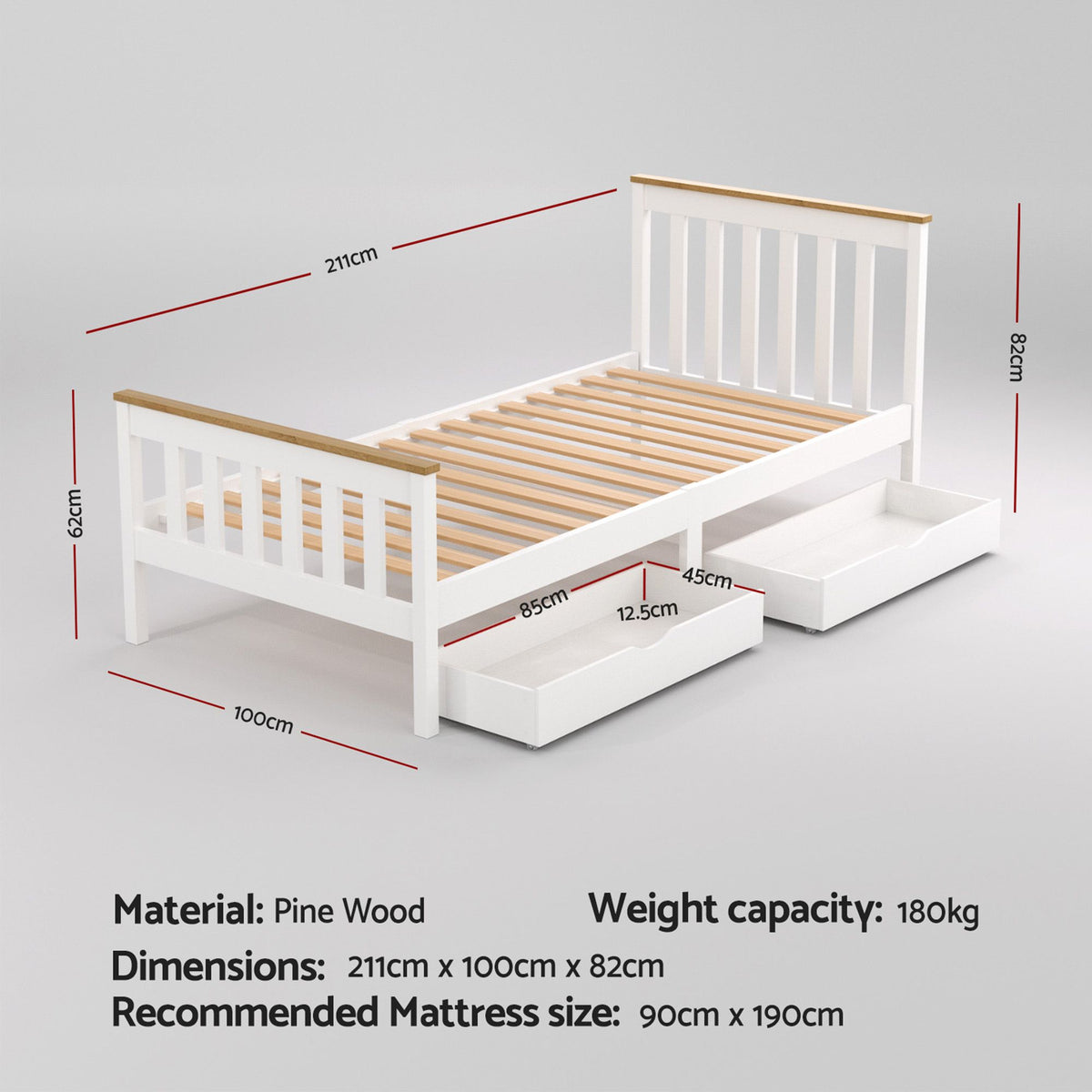 Single Bed Frame | Wooden Platform with 2 Storage Drawers | White PONY Design