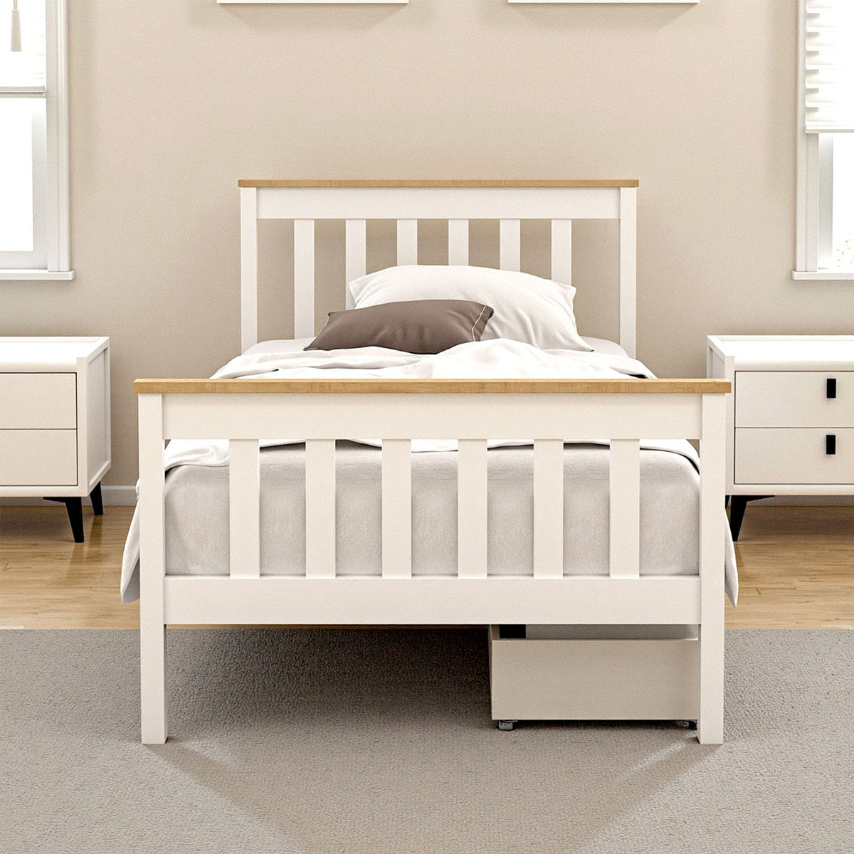 Single Bed Frame | Wooden Platform with 2 Storage Drawers | White PONY Design