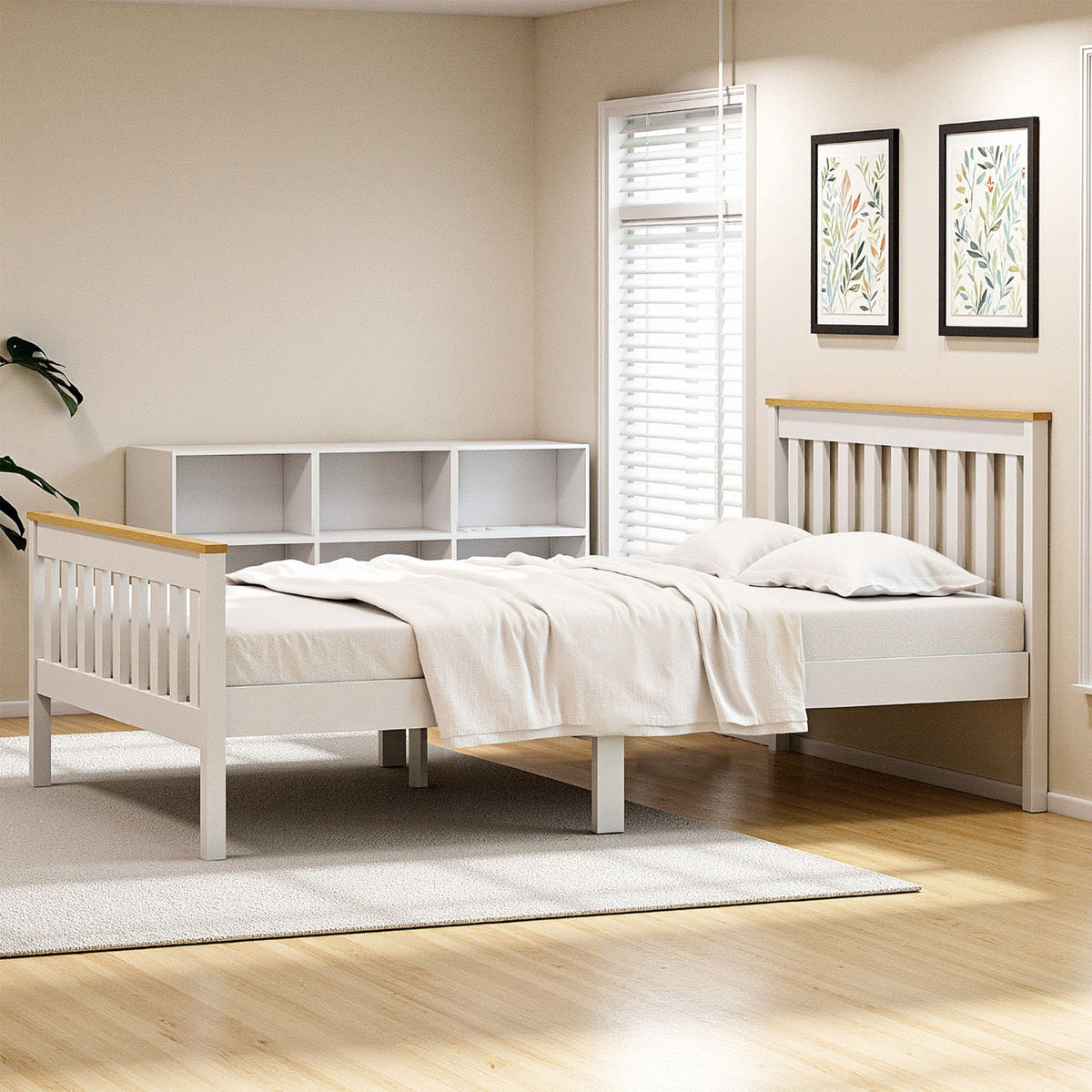 Single Bed Frame | Wooden Platform with 2 Storage Drawers | White PONY Design