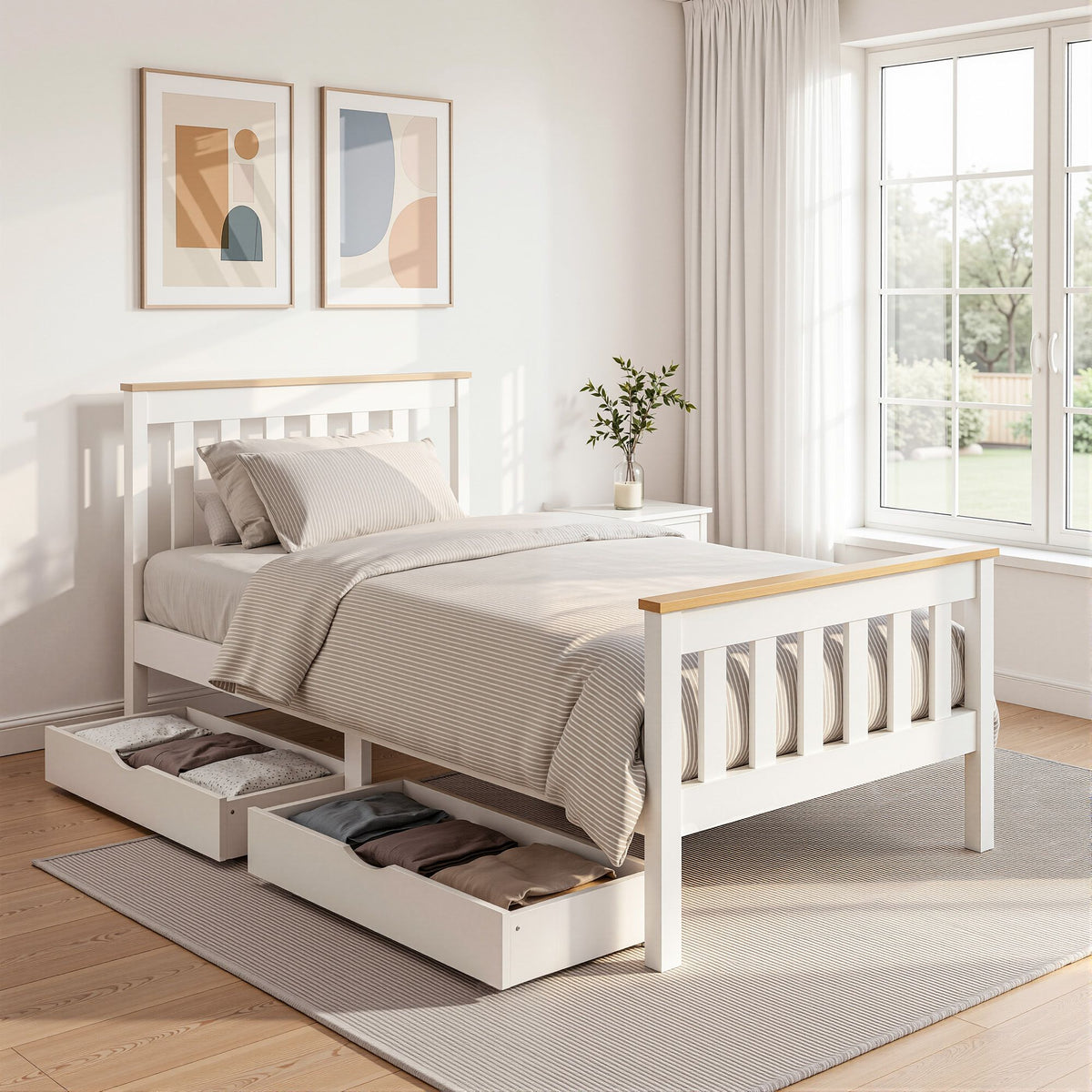 Single Bed Frame | Wooden Platform with 2 Storage Drawers | White PONY Design