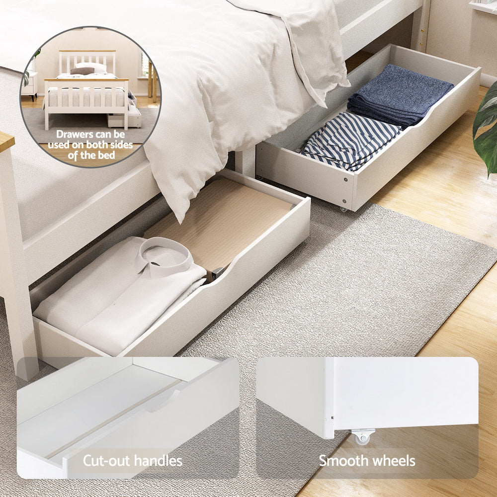 Single Bed Frame | Wooden Platform with 2 Storage Drawers | White PONY Design