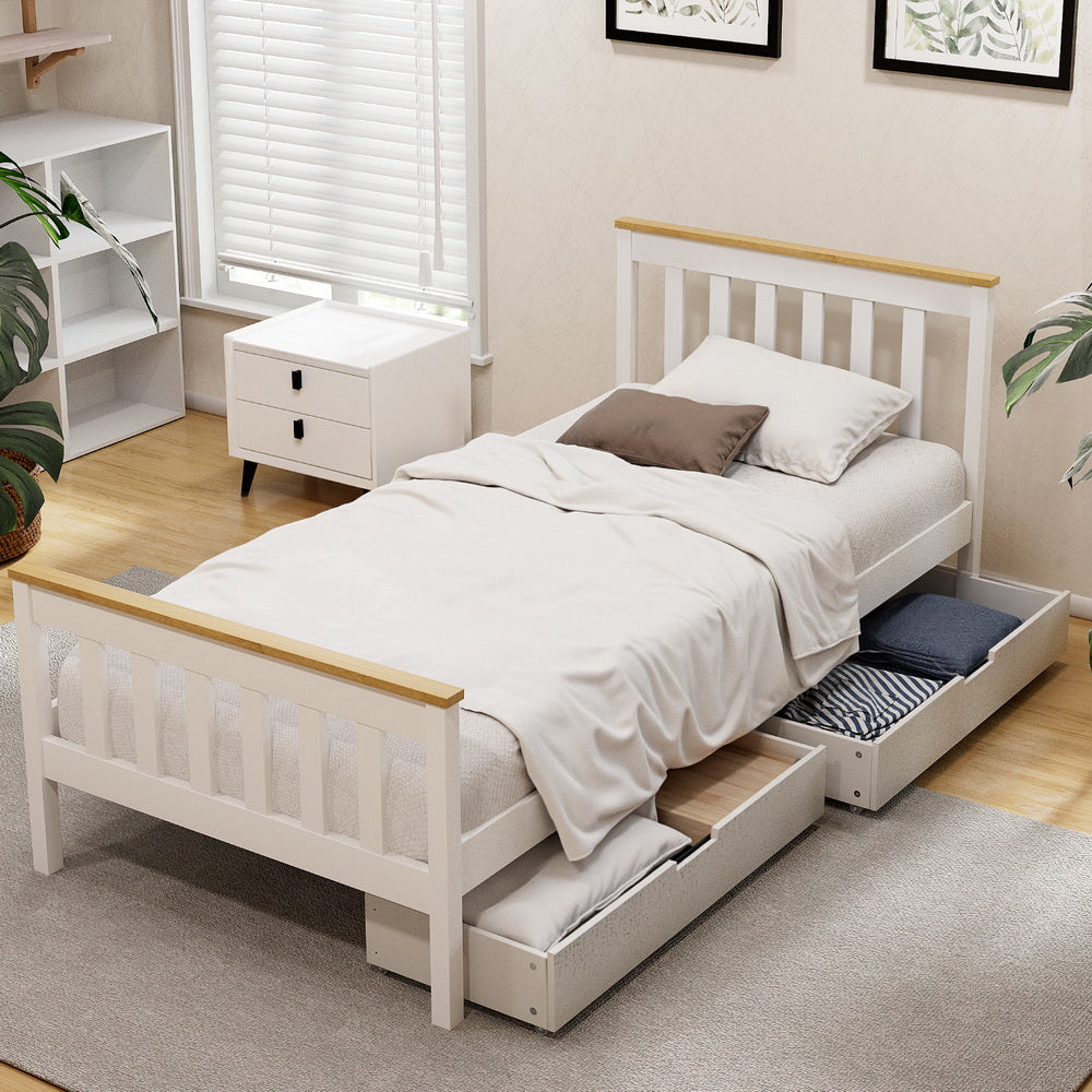 Single Bed Frame | Wooden Platform with 2 Storage Drawers | White PONY Design