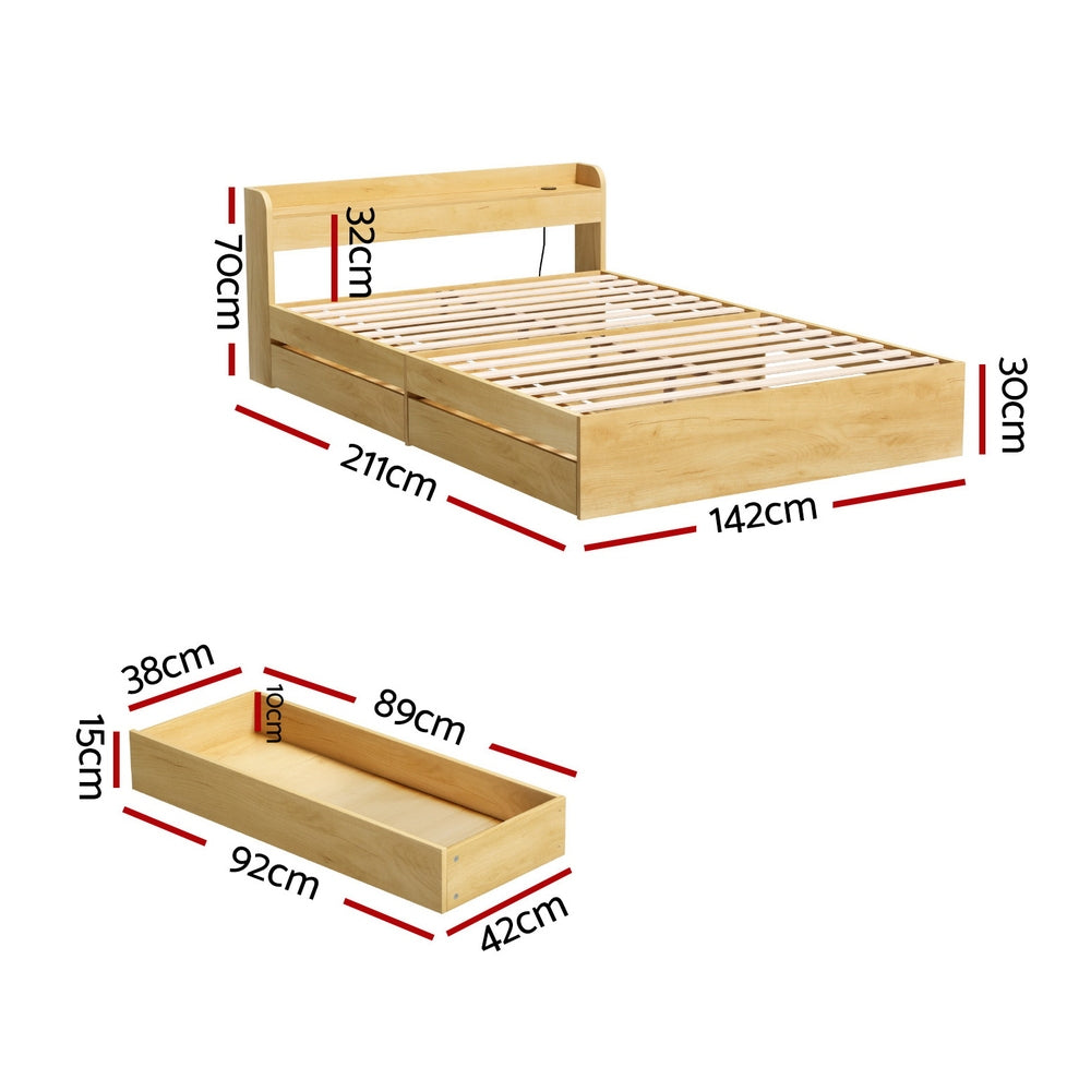 Artiss Bed Frame | Double Size | Charging Ports + 2 Drawers | AURA