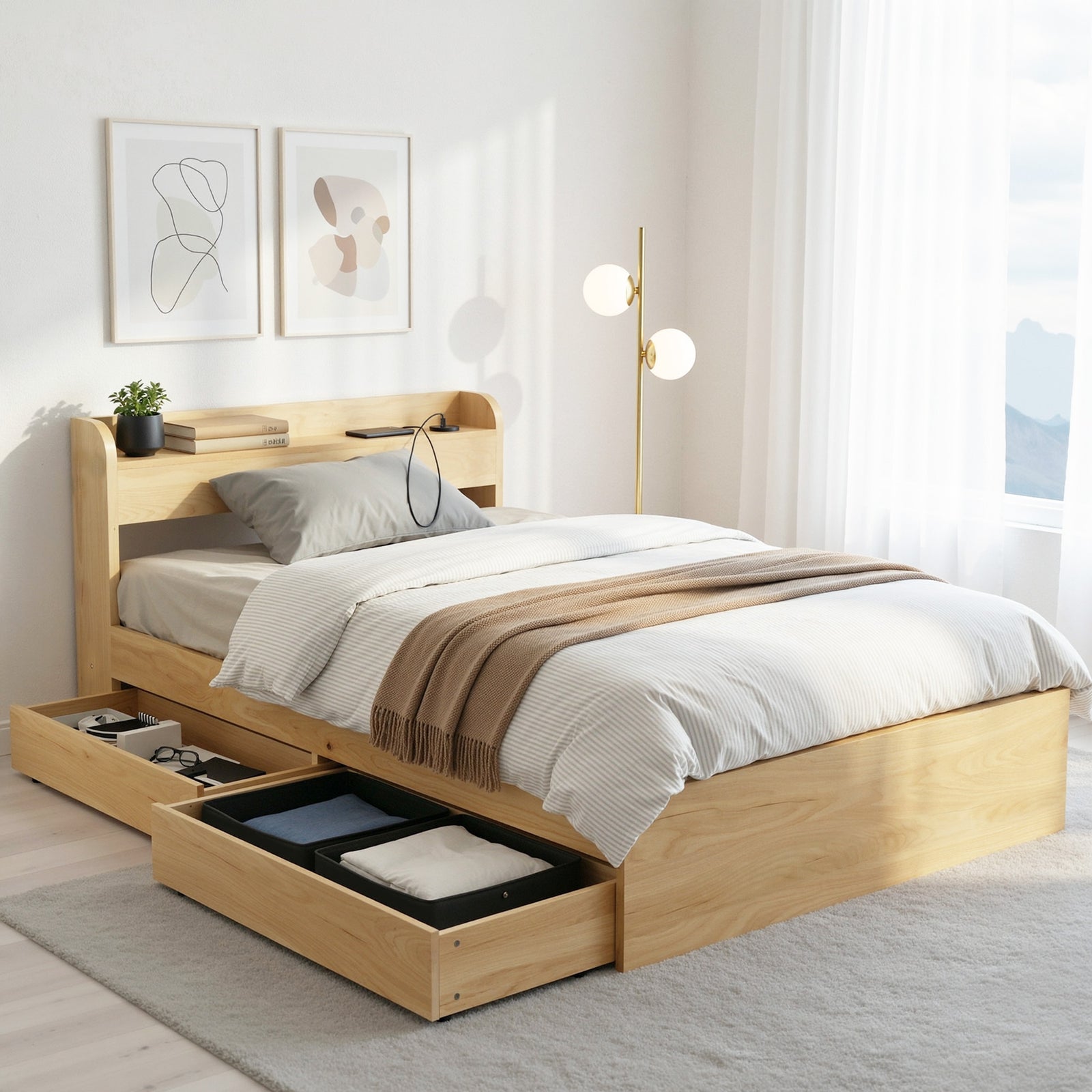 King Single Bed Frame | 2 Drawers, Headboard & USB Ports | Natural