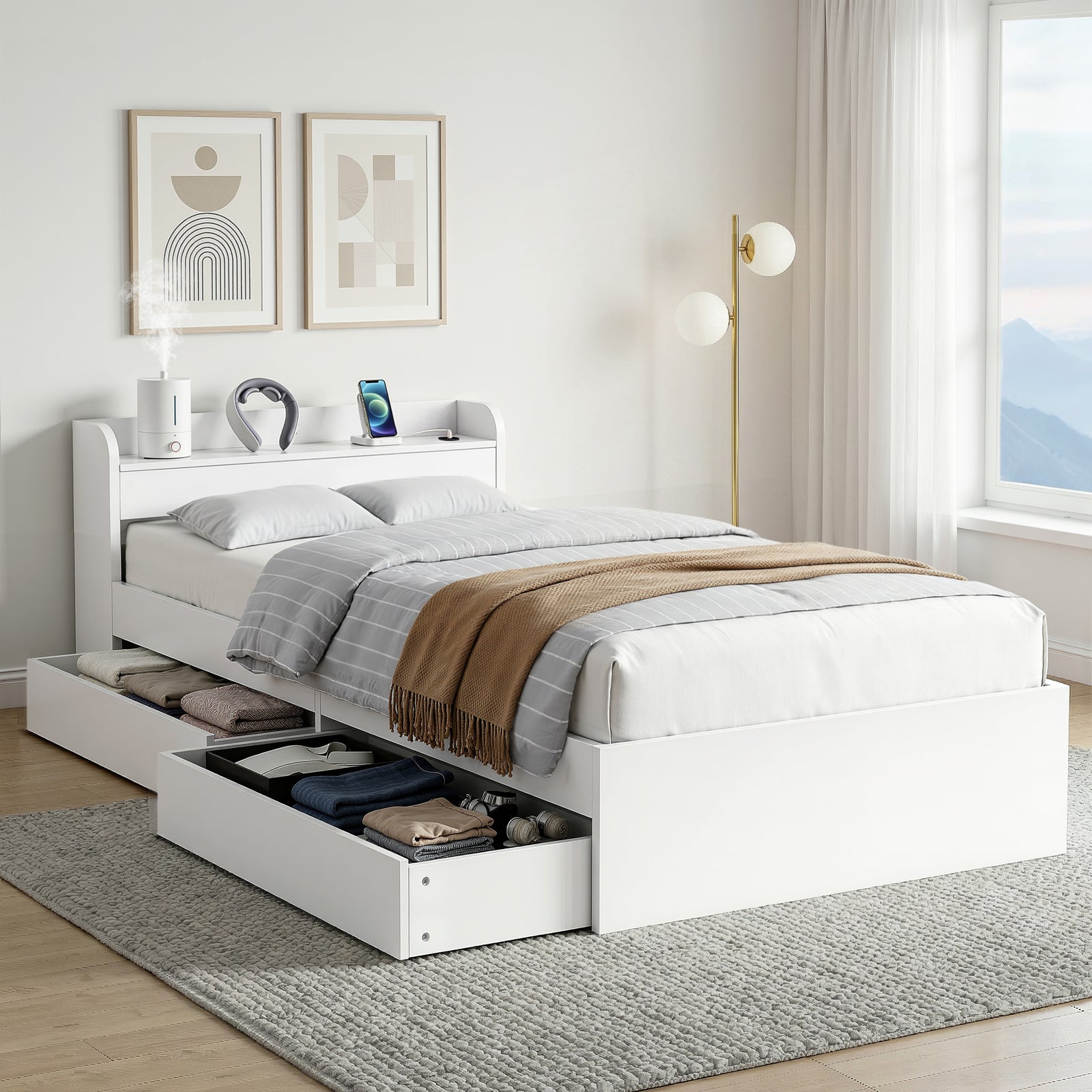 King Single Bed Frame | Charging Ports & 2 Storage Drawers