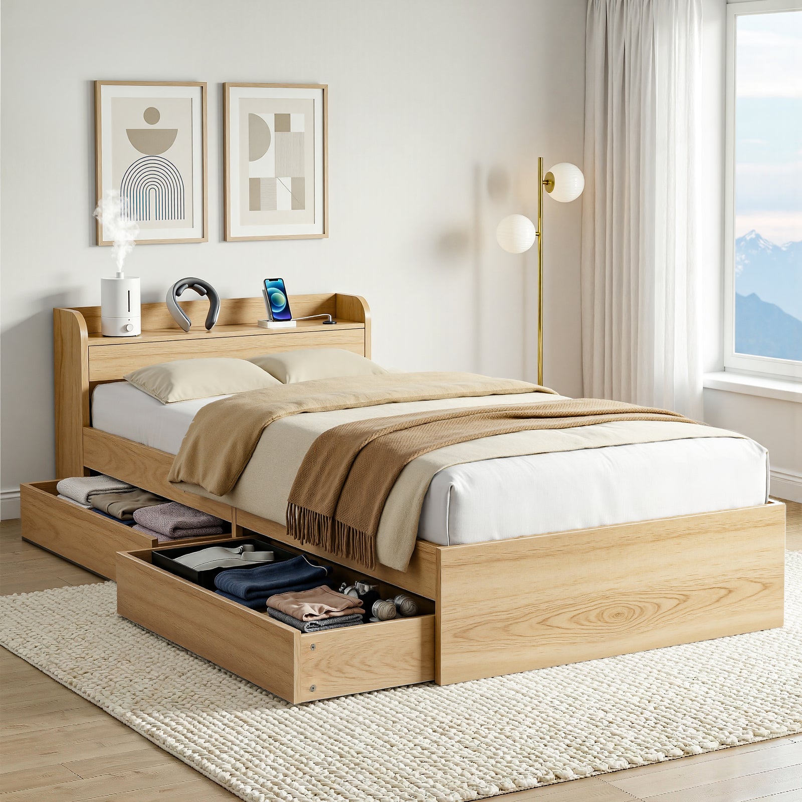 Single Bed Frame | 2 Storage Drawers | USB Ports | Wooden Slat Base | Natural