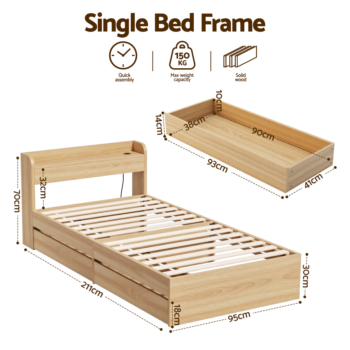 Single Bed Frame | 2 Storage Drawers | USB Ports | Wooden Slat Base | Natural