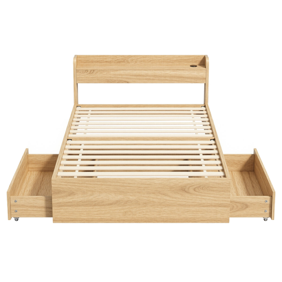 Single Bed Frame | 2 Storage Drawers | USB Ports | Wooden Slat Base | Natural