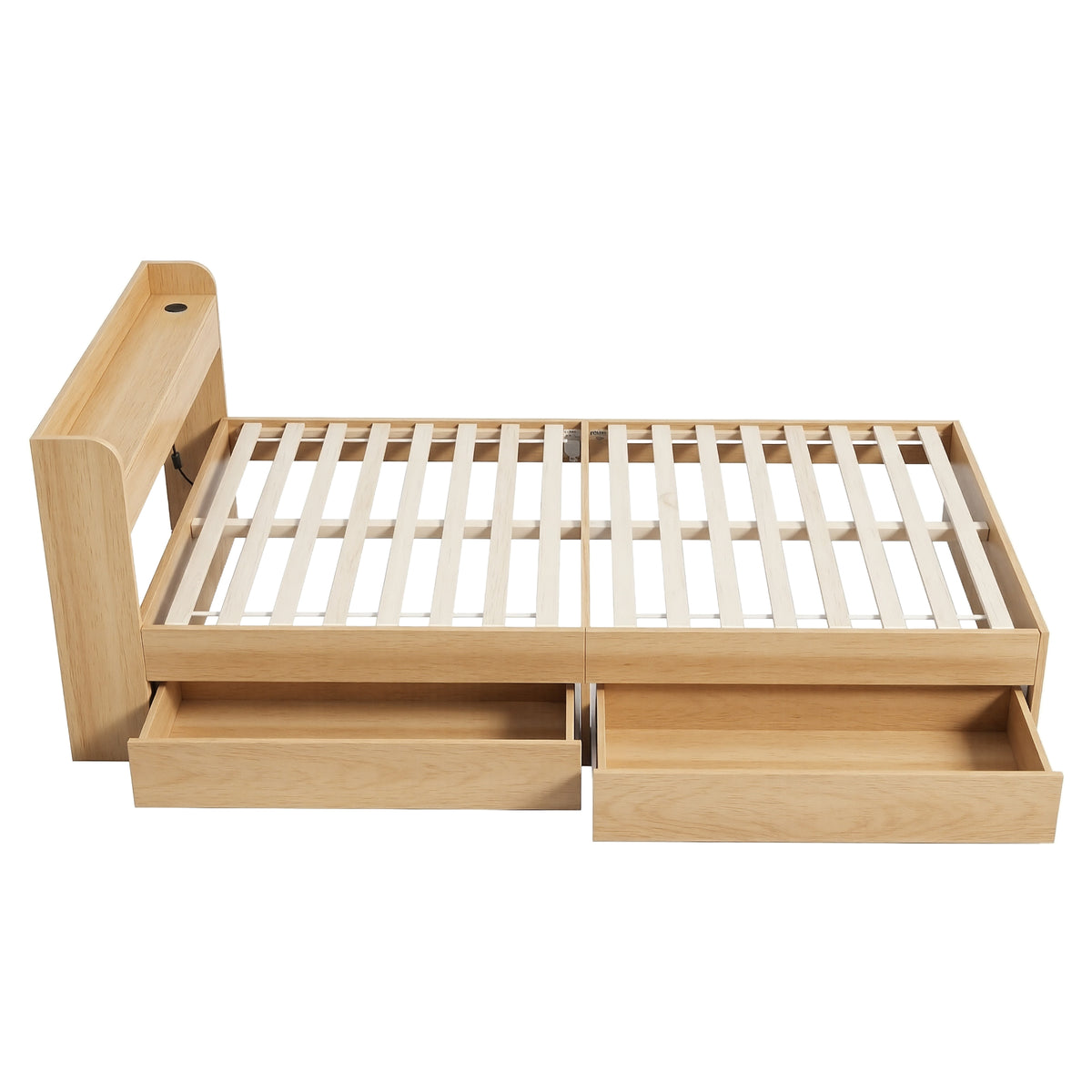 Single Bed Frame | 2 Storage Drawers | USB Ports | Wooden Slat Base | Natural