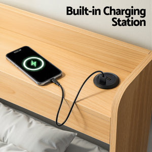 Single Bed Frame | 2 Storage Drawers | USB Ports | Wooden Slat Base | Natural