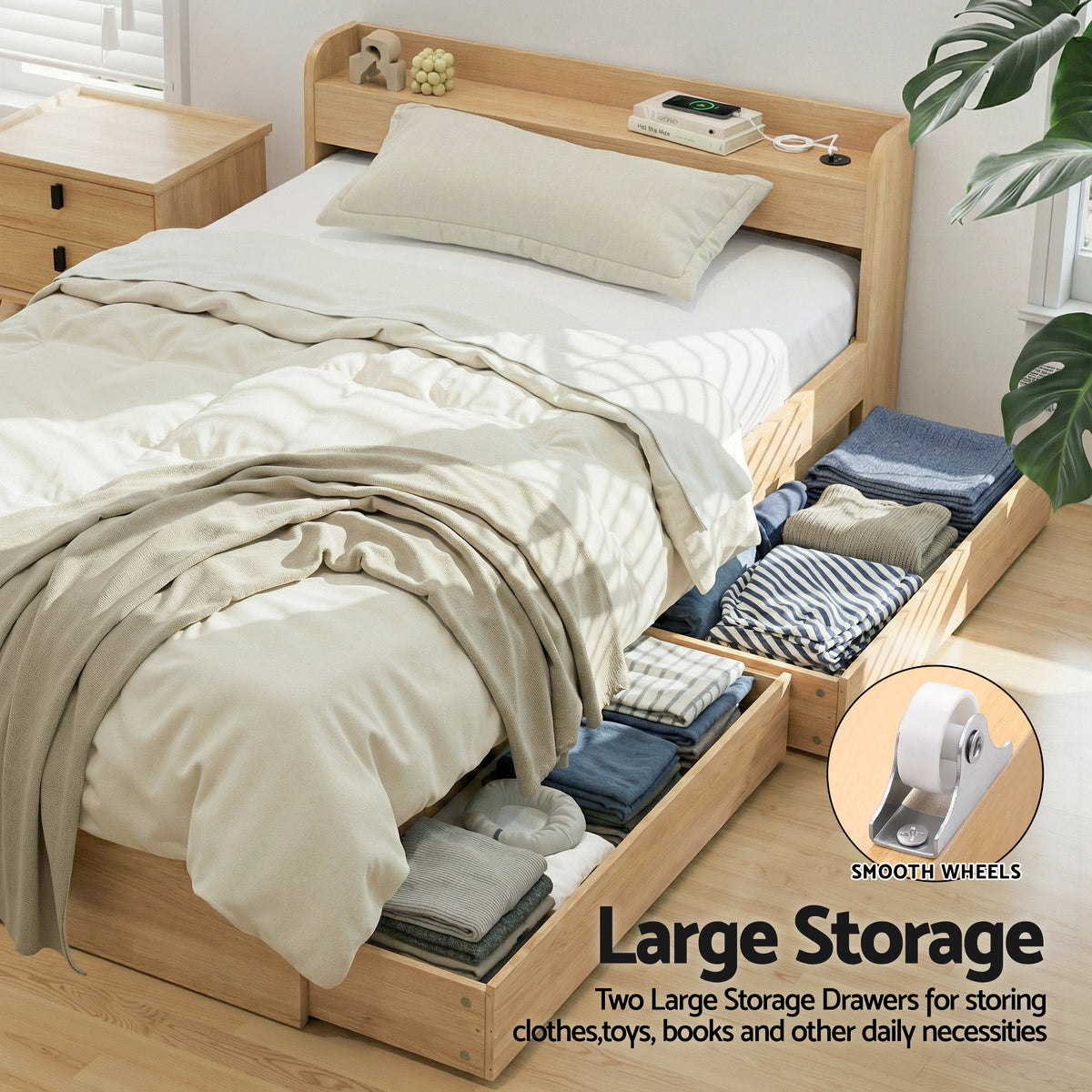 Single Bed Frame | 2 Storage Drawers | USB Ports | Wooden Slat Base | Natural