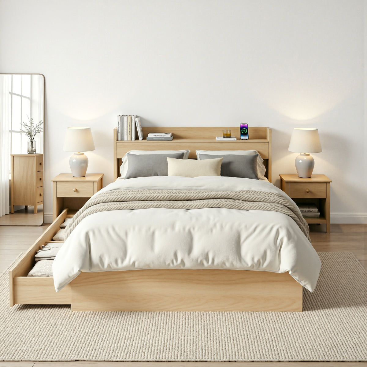 Single Bed Frame | 2 Storage Drawers | USB Ports | Wooden Slat Base | Natural
