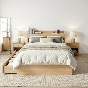 Single Bed Frame | 2 Storage Drawers | USB Ports | Wooden Slat Base | Natural