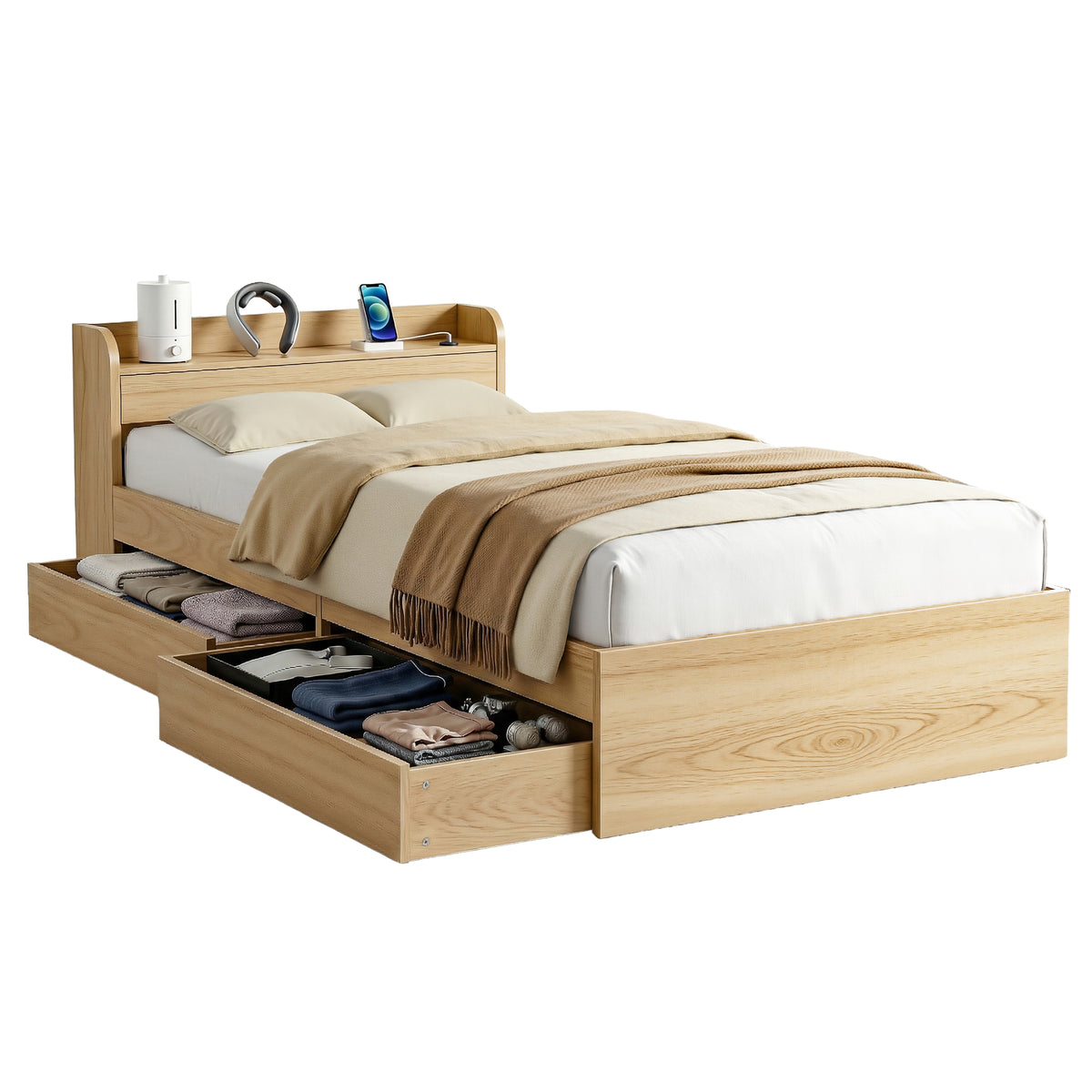 Single Bed Frame | 2 Storage Drawers | USB Ports | Wooden Slat Base | Natural