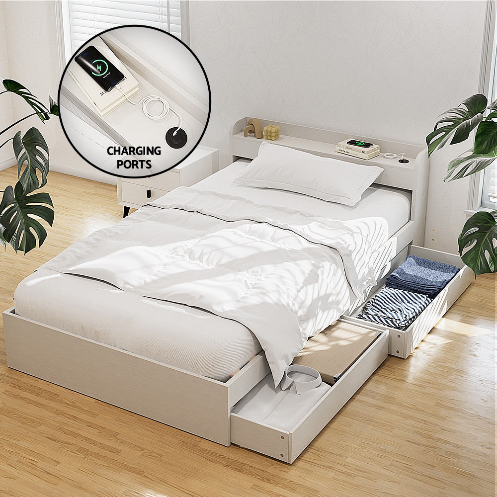 Artiss Bed Frame | Single Size | With Charging Ports + 2 Drawers | AURA