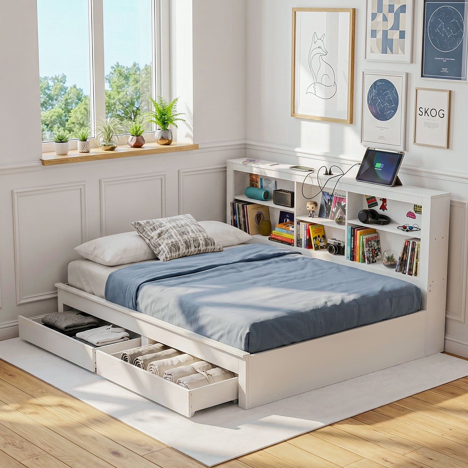 Double Farmhouse Bed Frame | Storage Headboard, Charging Station & Drawers | White