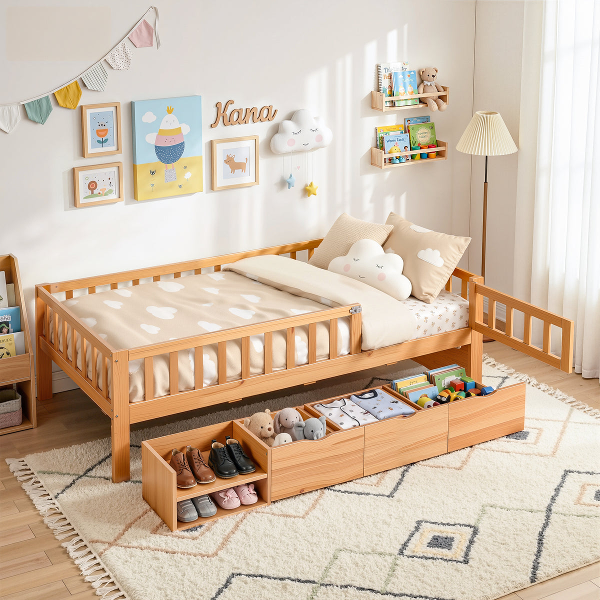Kids Single Bed Frame | 3 Storage Drawers | Montessori Style | Natural