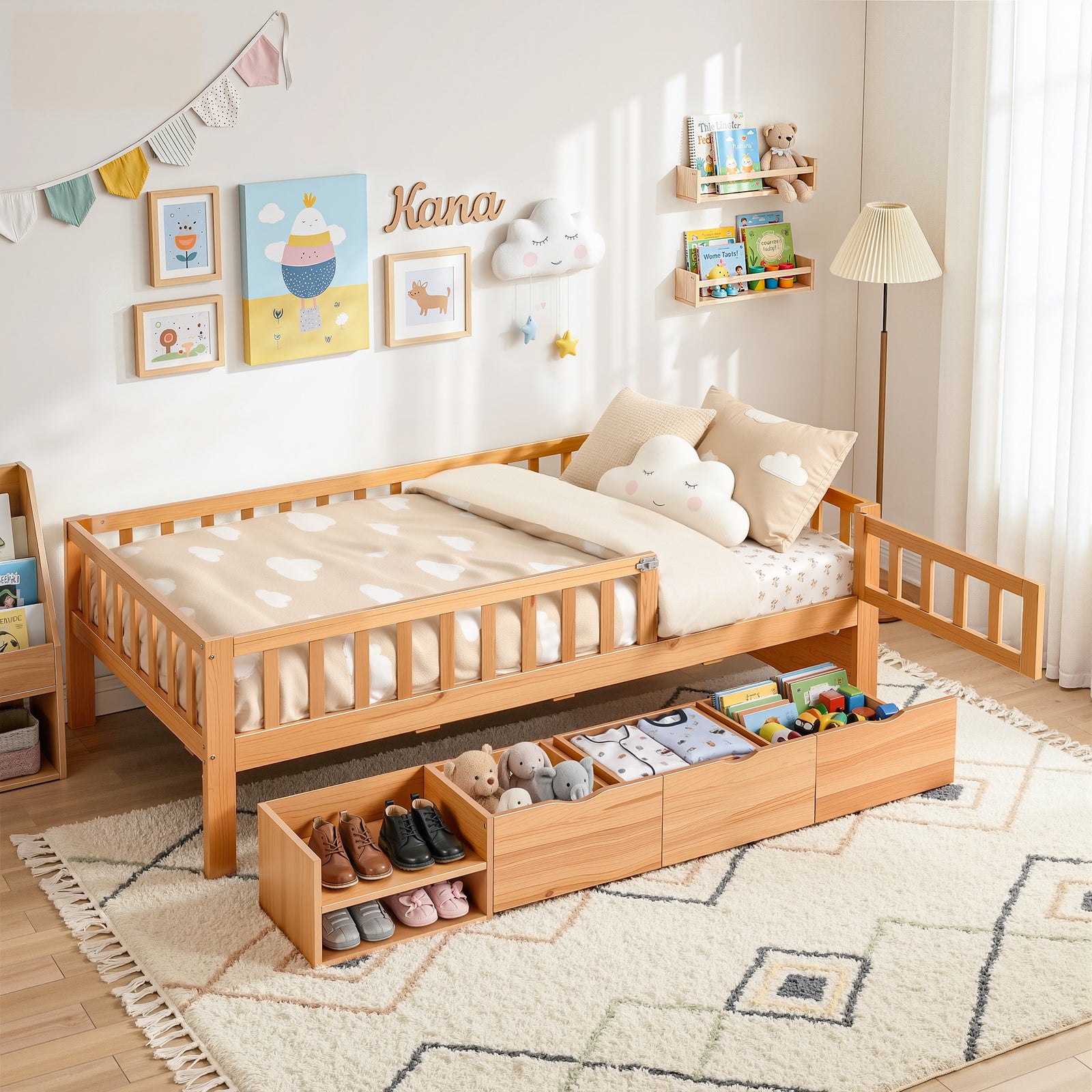 Kids Single Bed Frame | 3 Storage Drawers | Montessori Style | Natural