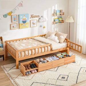 Kids Single Bed Frame | 3 Storage Drawers | Montessori Style | Natural