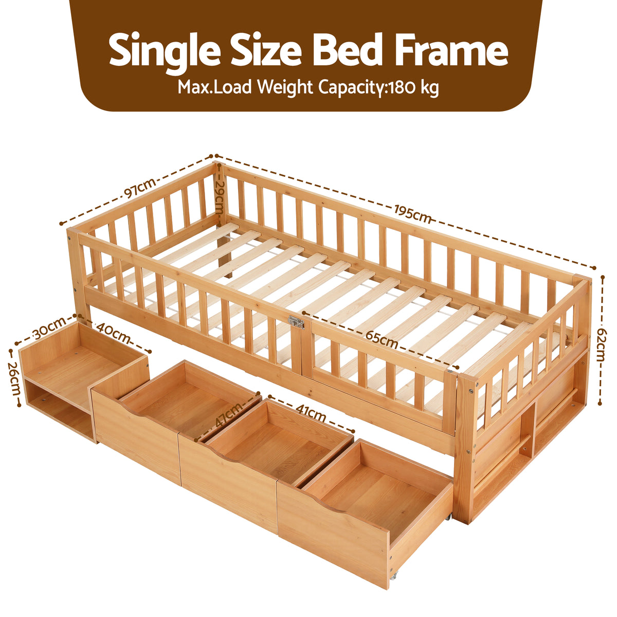 Kids Single Bed Frame | 3 Storage Drawers | Montessori Style | Natural