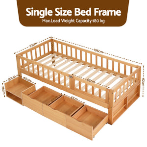 Kids Single Bed Frame | 3 Storage Drawers | Montessori Style | Natural
