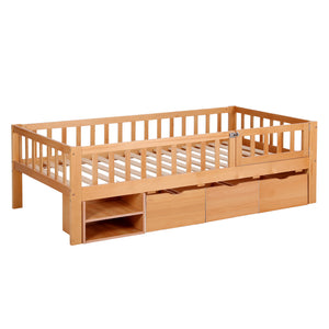Kids Single Bed Frame | 3 Storage Drawers | Montessori Style | Natural