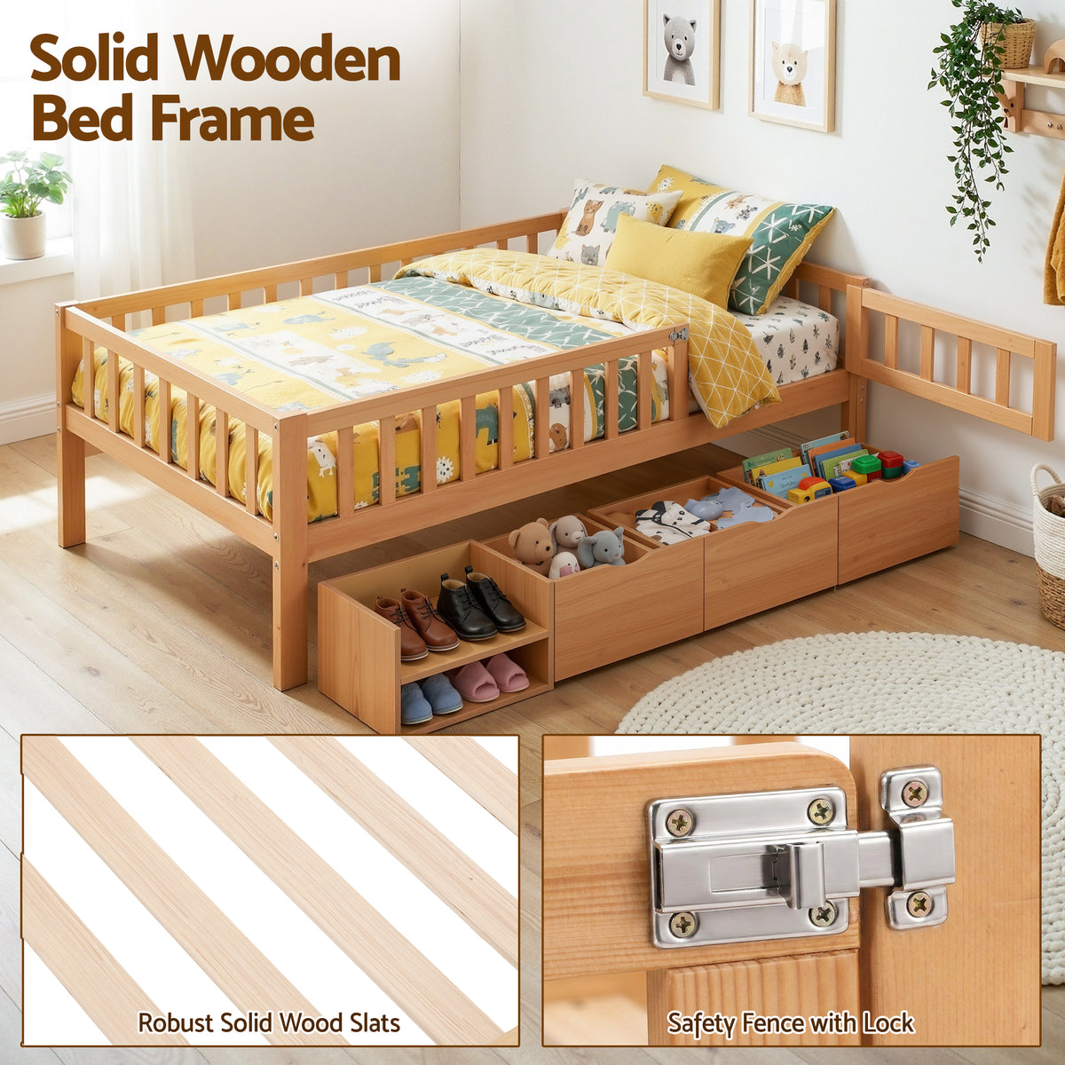 Kids Single Bed Frame | 3 Storage Drawers | Montessori Style | Natural