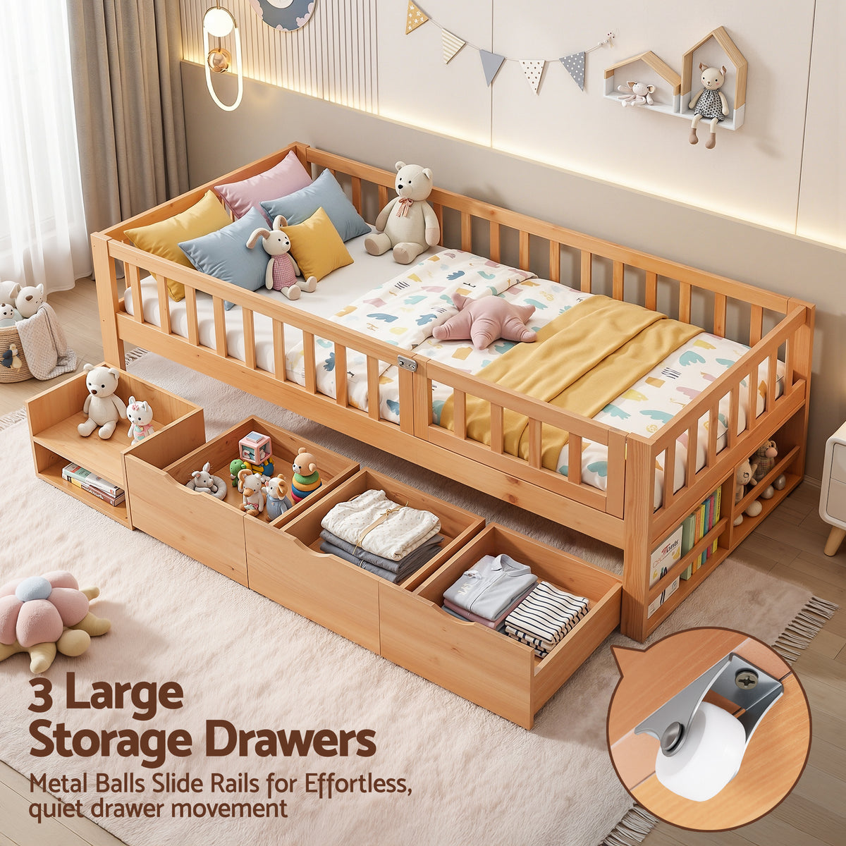 Kids Single Bed Frame | 3 Storage Drawers | Montessori Style | Natural
