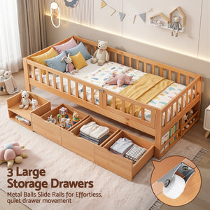 Kids Single Bed Frame | 3 Storage Drawers | Montessori Style | Natural