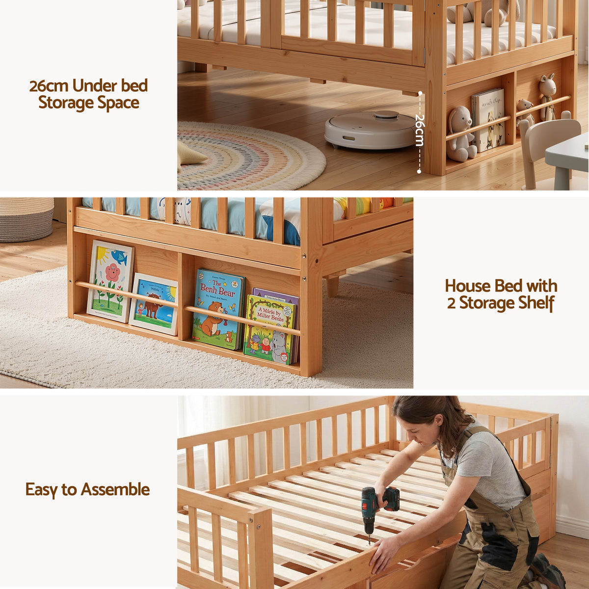 Kids Single Bed Frame | 3 Storage Drawers | Montessori Style | Natural