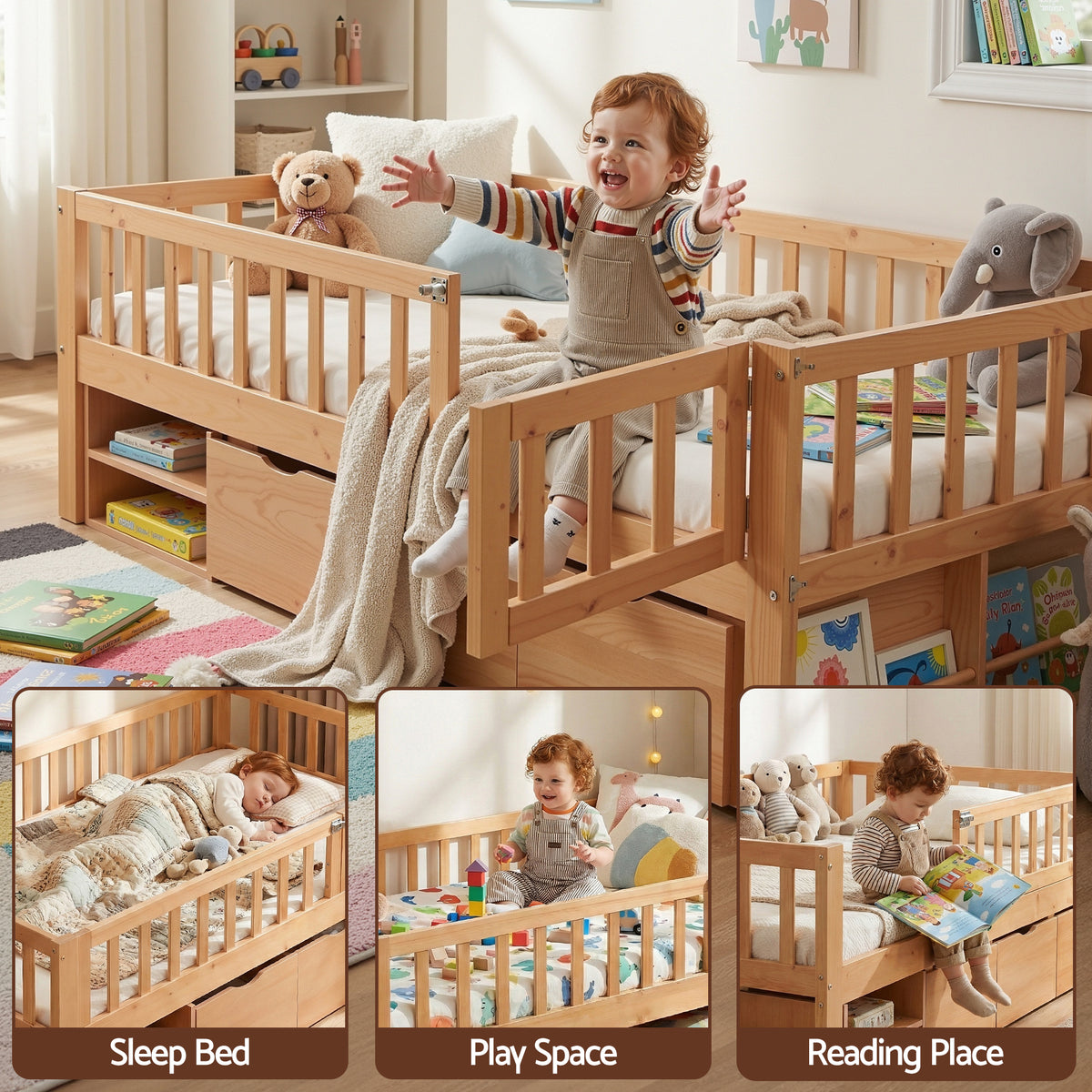 Kids Single Bed Frame | 3 Storage Drawers | Montessori Style | Natural