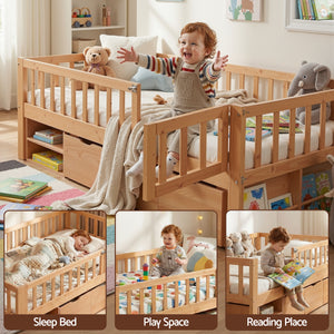 Kids Single Bed Frame | 3 Storage Drawers | Montessori Style | Natural
