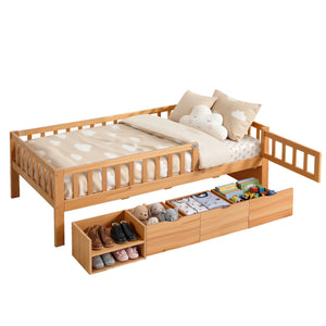 Kids Single Bed Frame | 3 Storage Drawers | Montessori Style | Natural