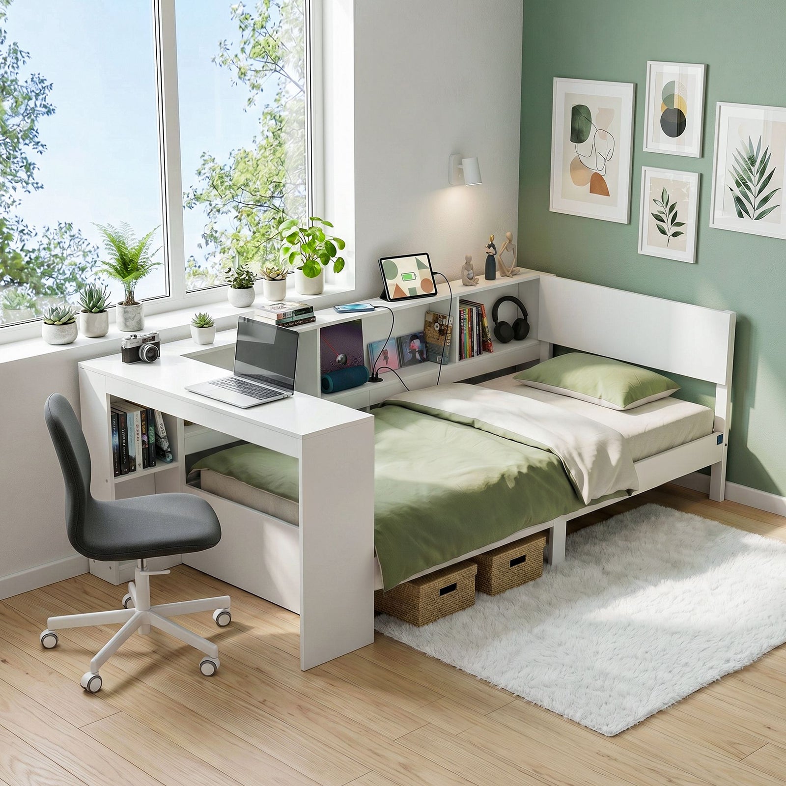 Single Corner Bed Frame | Built-In Desk, Storage Shelves & USB-C | White