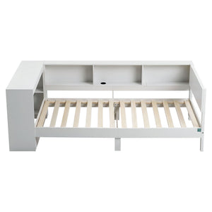 Artiss White Single Solid Wood Corner Platform Bed Frame with Built-in Desk, Storage Shelves and USB-C Charging Station for Small Spaces, Wooden Bed Base for Guest Room
