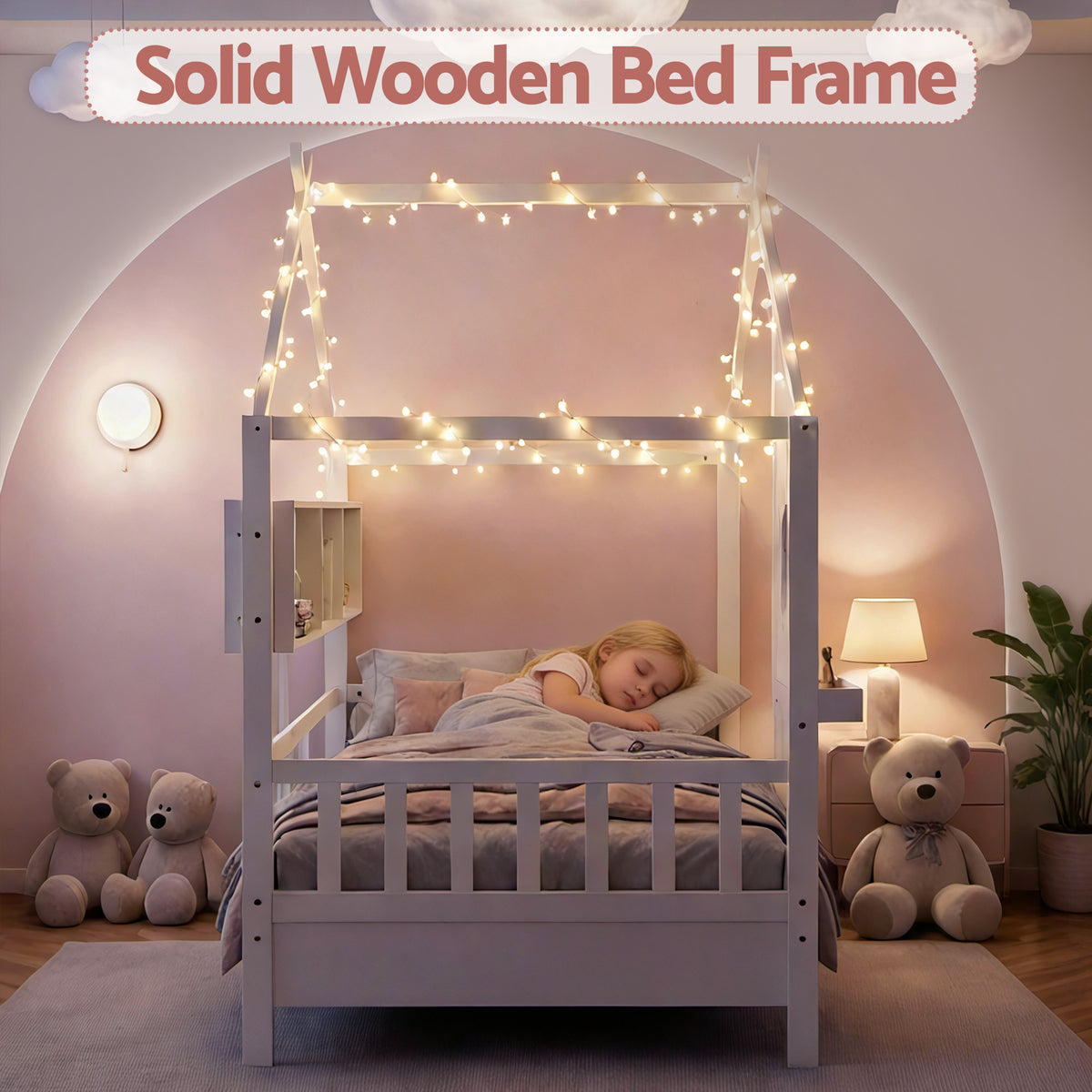 Kids Single House Bed Frame | Solid Wood Montessori | White
