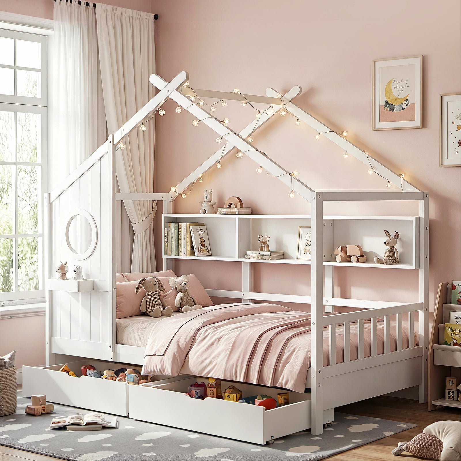 Kids Single House Bed Frame | Solid Wood | Storage Bookcase & 2 Drawers | White