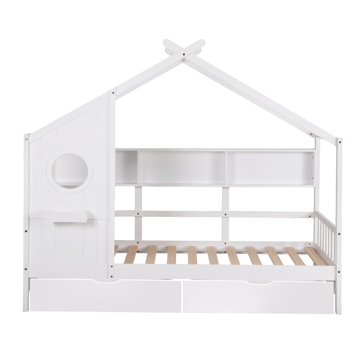 Kids Single House Bed Frame | Solid Wood | Storage Bookcase & 2 Drawers | White